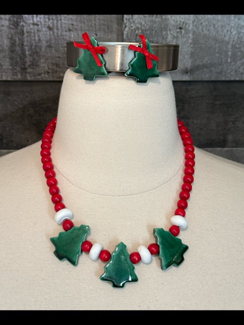 Christmas Tree necklace earrings set wood clay holiday party jewelry gift winter